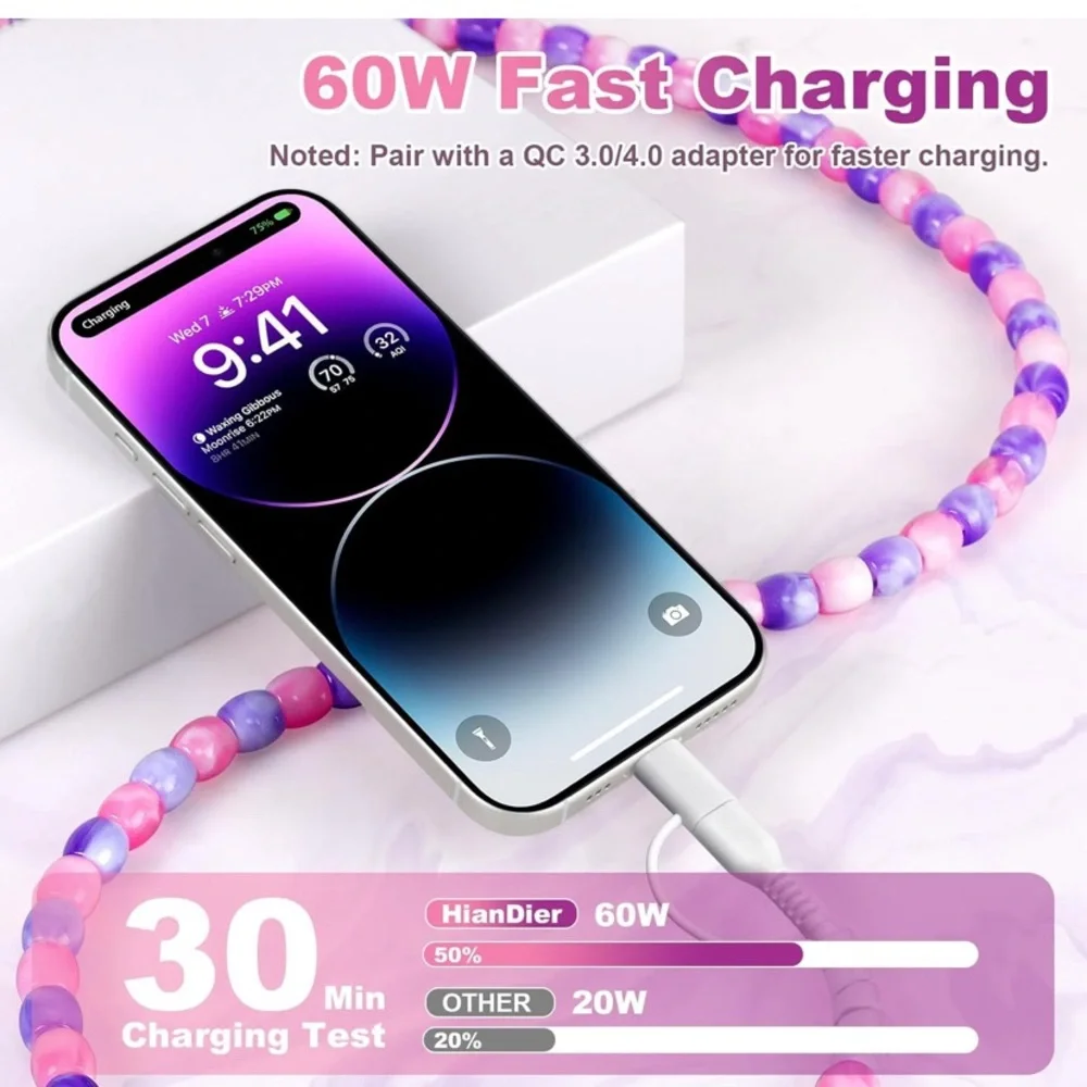 Beaded USB Charging Cable - Pink & Purple